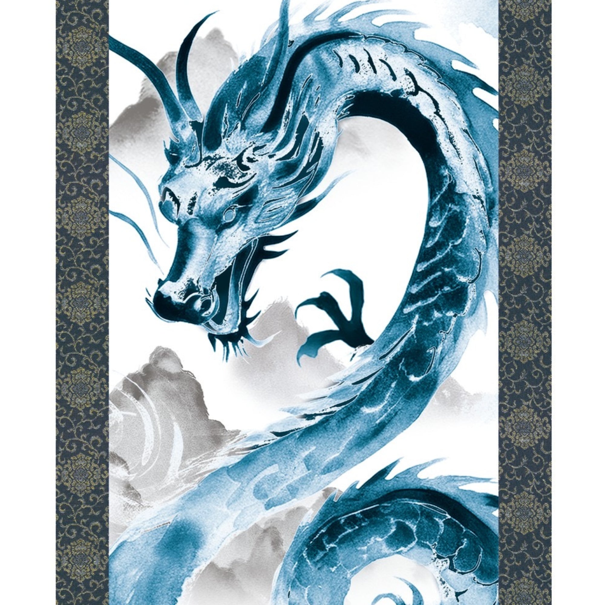 Japanese Dragon Kakemono Wall Scroll – Blue Rising Dragon