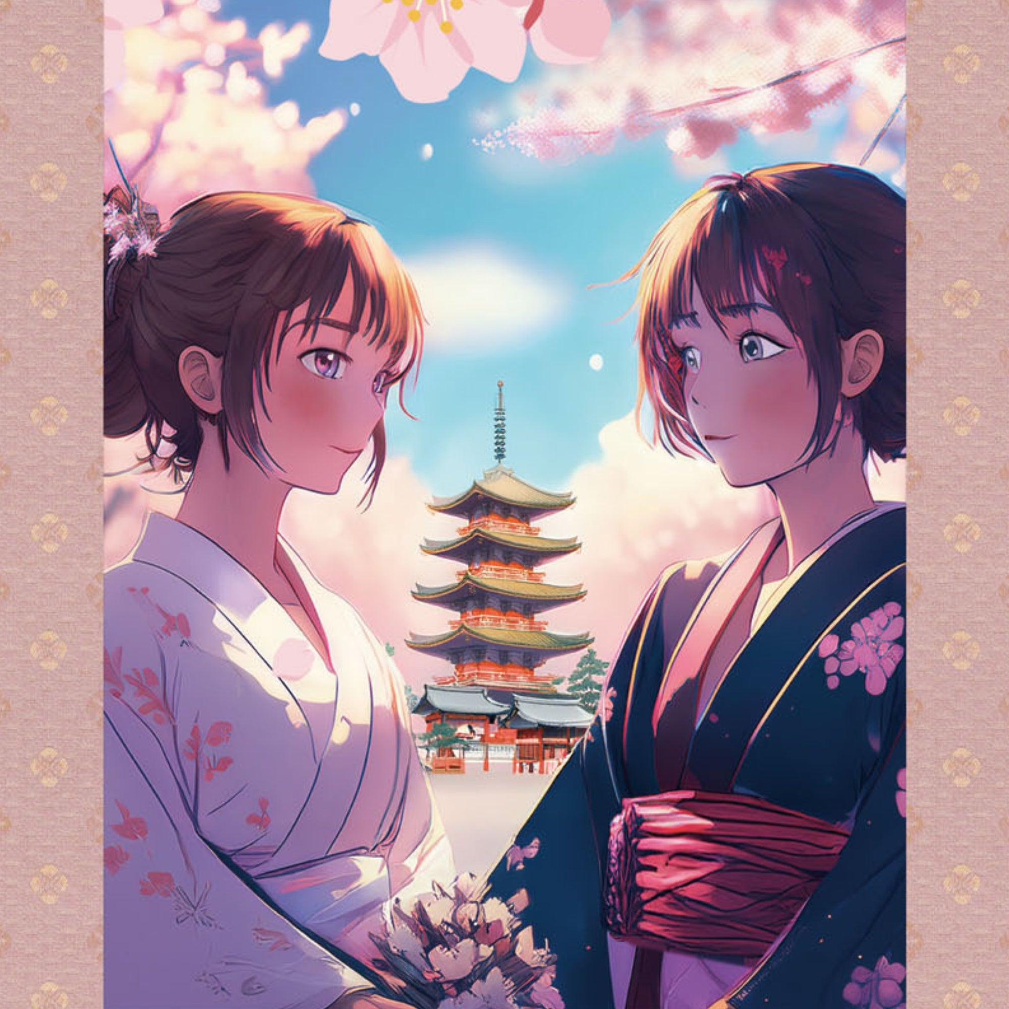 Japanese Anime Sakura Kakemono Wall Scroll – Kimono Women with Pagoda