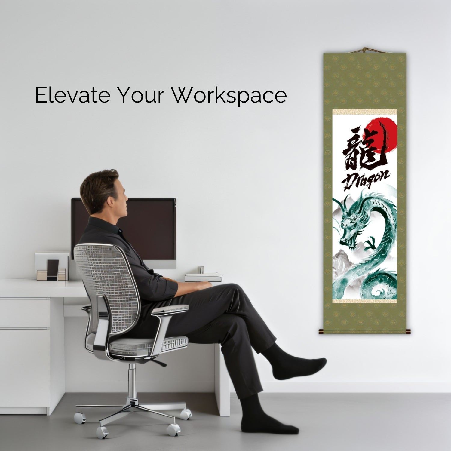 Kakemono mural Dragon japonais – Dragon vert montant 