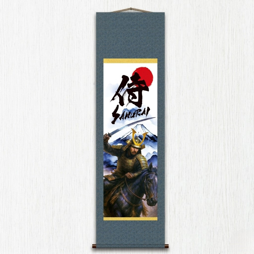 Pergamino de Pared Kakemono Samurai Japonés – Samurai Montado con Espada y Monte Fuji 